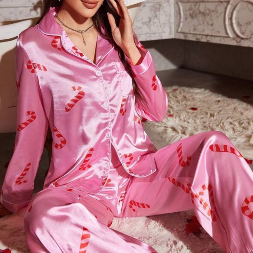Pink Satin Candy Cane Print Pajama Set